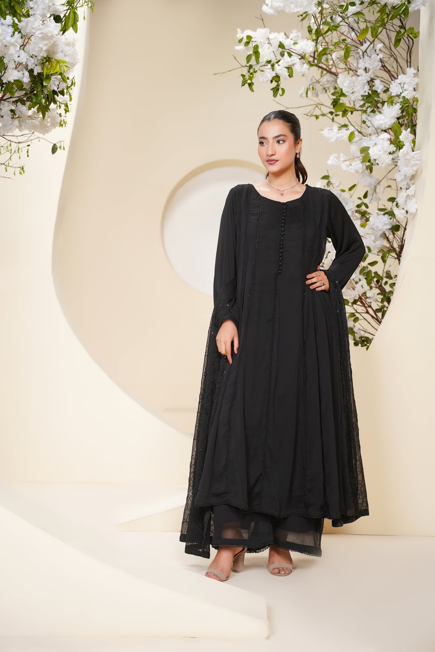 Husan e Jahan - Luxury Chiffon Maxi Outfit with Chiffon Dupatta - Ready to Wear - Eid25 - HEJBlackV3D3