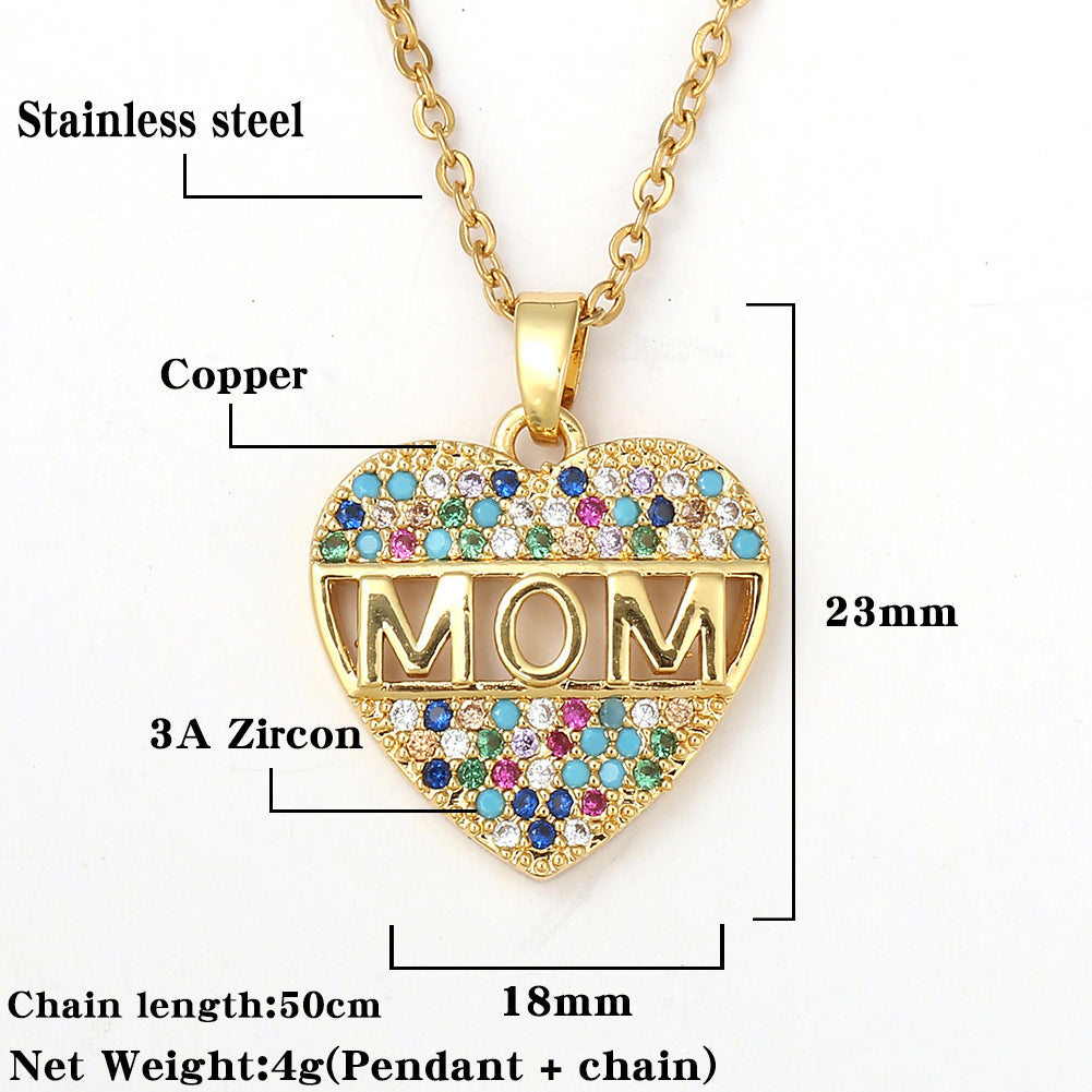 Colorful Mom Heart Necklace, Cubic Zirconia Pendant, Gold/Silver/Rose