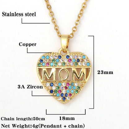 Colorful Mom Heart Necklace, Cubic Zirconia Pendant, Gold/Silver/Rose