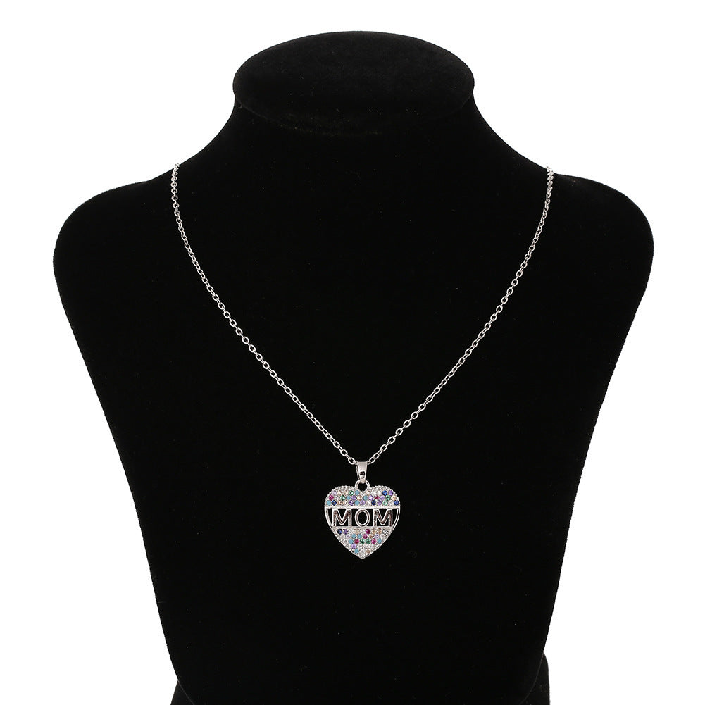 Colorful Mom Heart Necklace, Cubic Zirconia Pendant, Gold/Silver/Rose