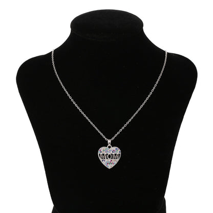 Colorful Mom Heart Necklace, Cubic Zirconia Pendant, Gold/Silver/Rose