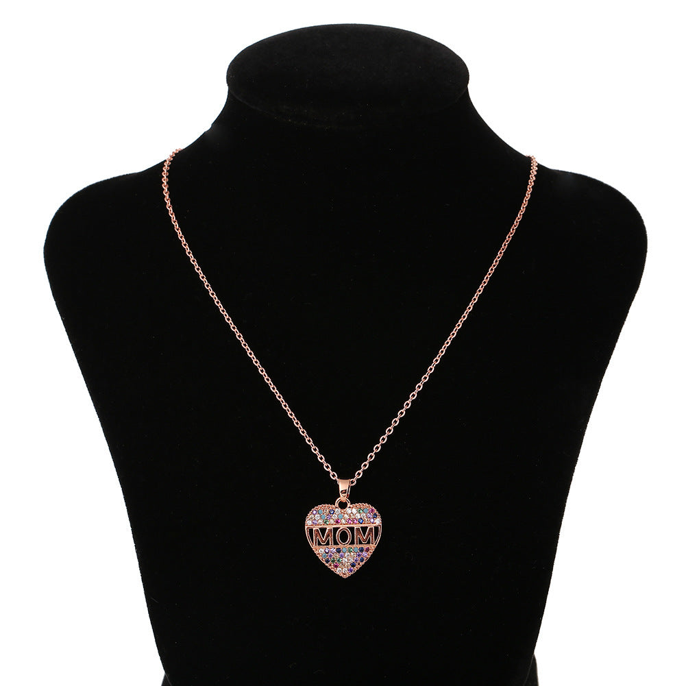 Colorful Mom Heart Necklace, Cubic Zirconia Pendant, Gold/Silver/Rose