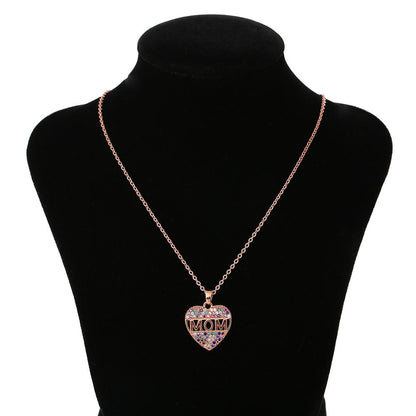 Colorful Mom Heart Necklace, Cubic Zirconia Pendant, Gold/Silver/Rose