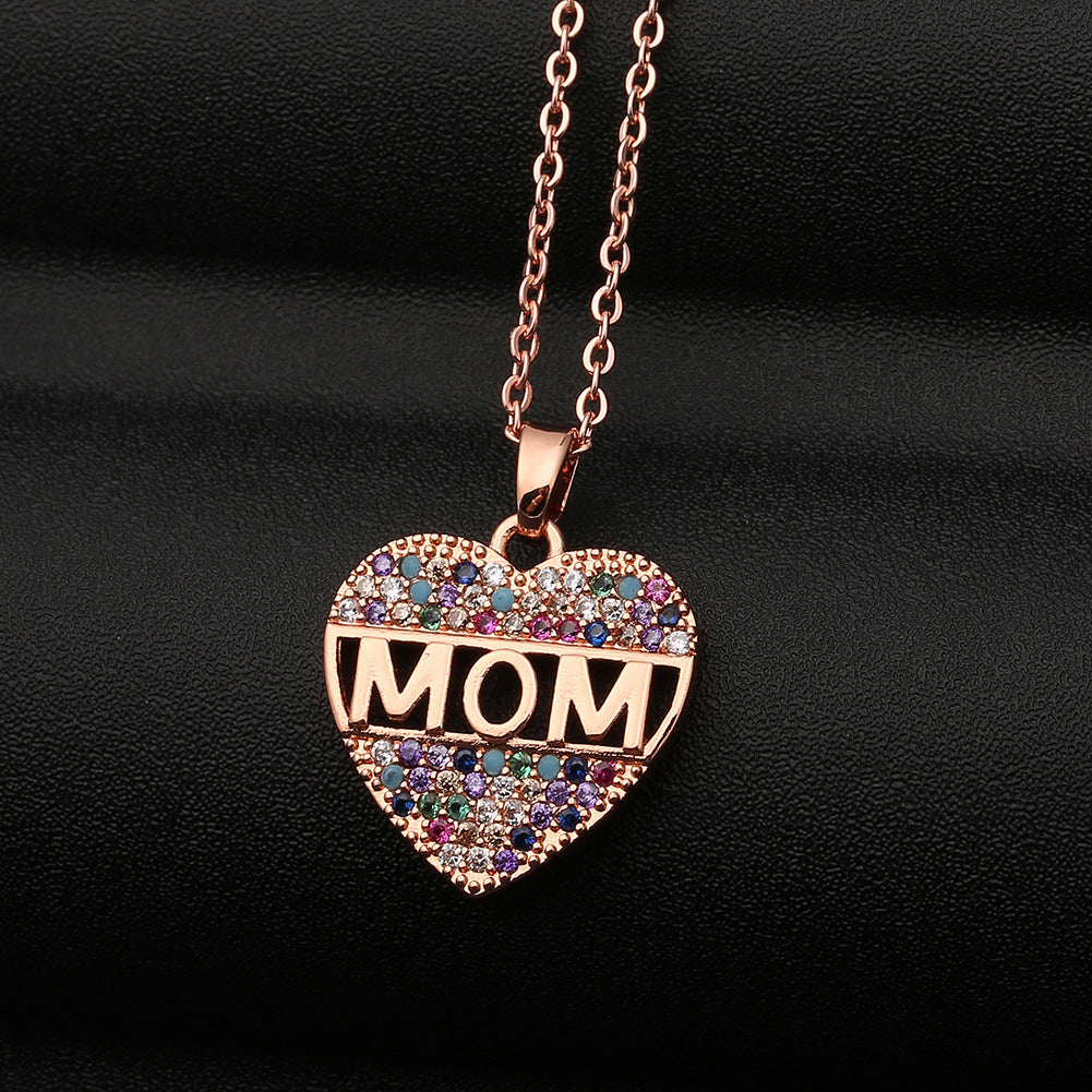 Colorful Mom Heart Necklace, Cubic Zirconia Pendant, Gold/Silver/Rose