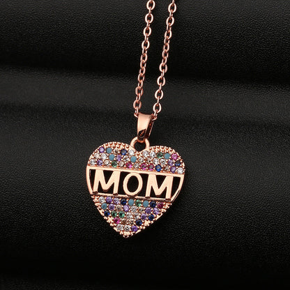 Colorful Mom Heart Necklace, Cubic Zirconia Pendant, Gold/Silver/Rose