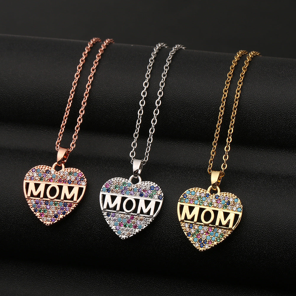 Colorful Mom Heart Necklace, Cubic Zirconia Pendant, Gold/Silver/Rose