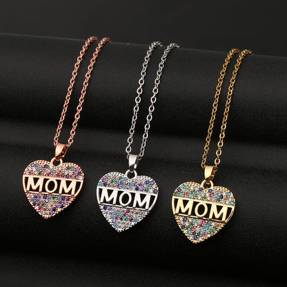 Colorful Mom Heart Necklace, Cubic Zirconia Pendant, Gold/Silver/Rose