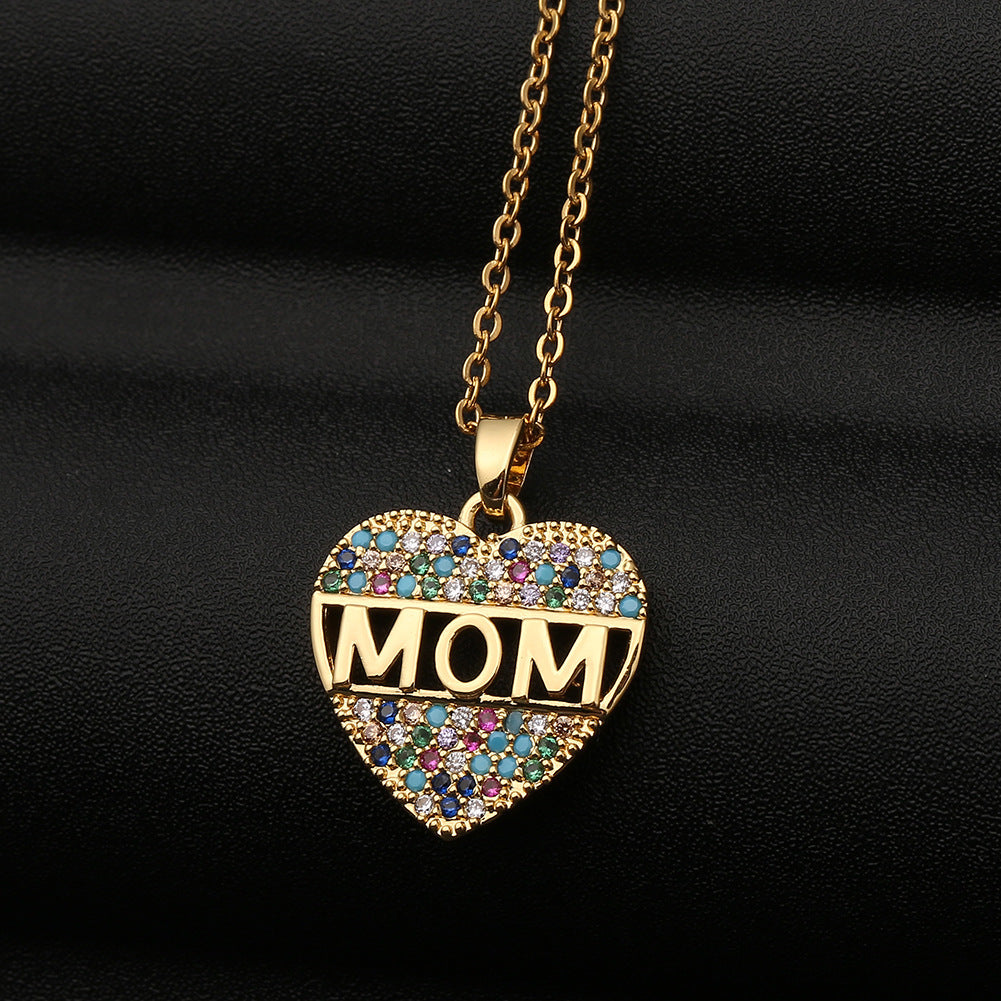 Colorful Mom Heart Necklace, Cubic Zirconia Pendant, Gold/Silver/Rose