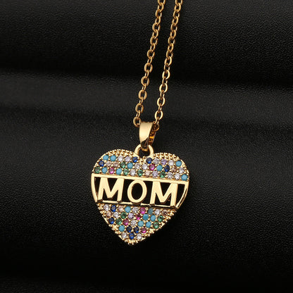 Colorful Mom Heart Necklace, Cubic Zirconia Pendant, Gold/Silver/Rose