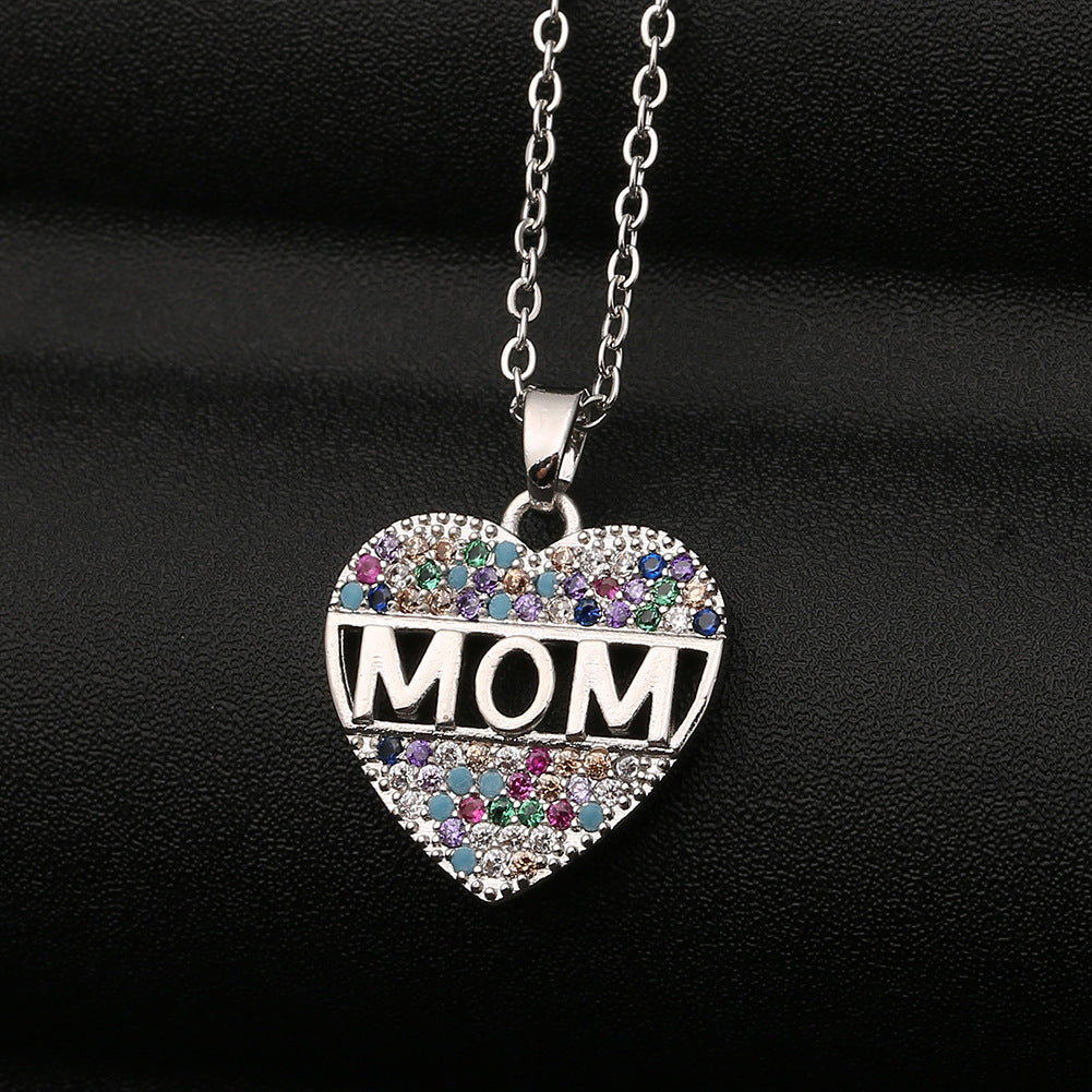 Colorful Mom Heart Necklace, Cubic Zirconia Pendant, Gold/Silver/Rose