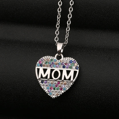 Colorful Mom Heart Necklace, Cubic Zirconia Pendant, Gold/Silver/Rose