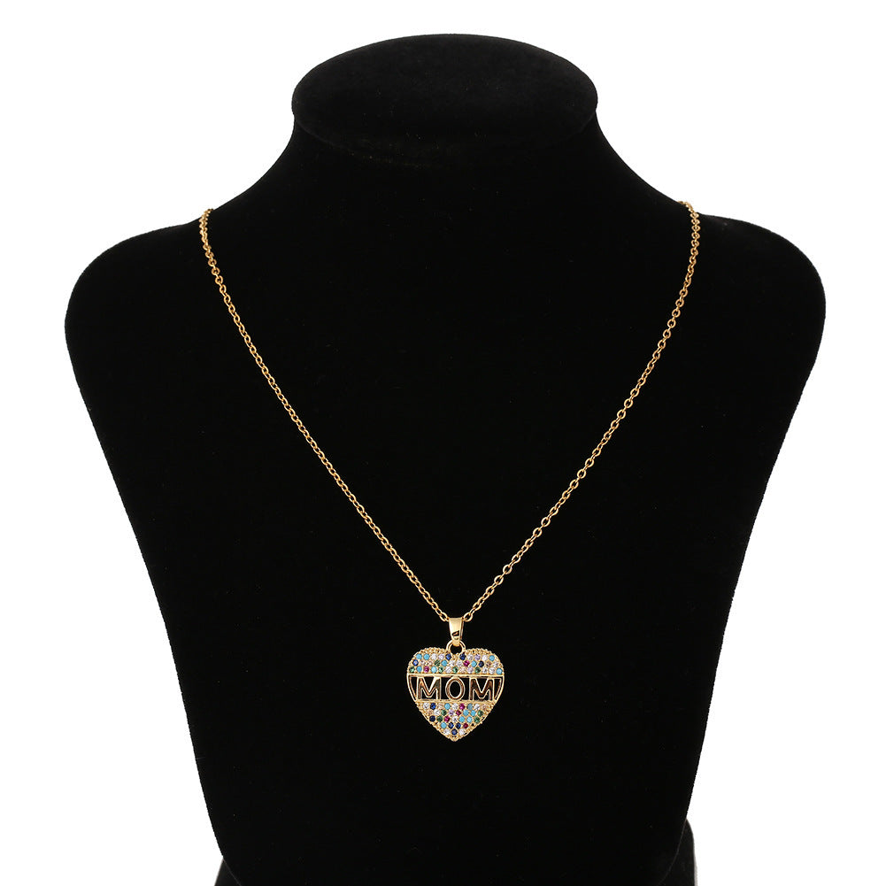 Colorful Mom Heart Necklace, Cubic Zirconia Pendant, Gold/Silver/Rose