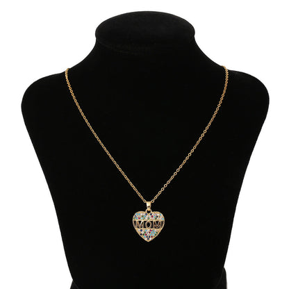 Colorful Mom Heart Necklace, Cubic Zirconia Pendant, Gold/Silver/Rose