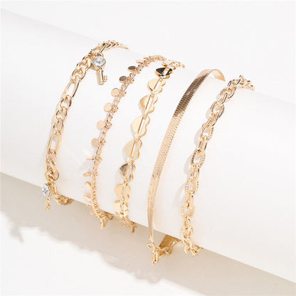Gold Heart Crystal Key Anklets, 5 Pcs