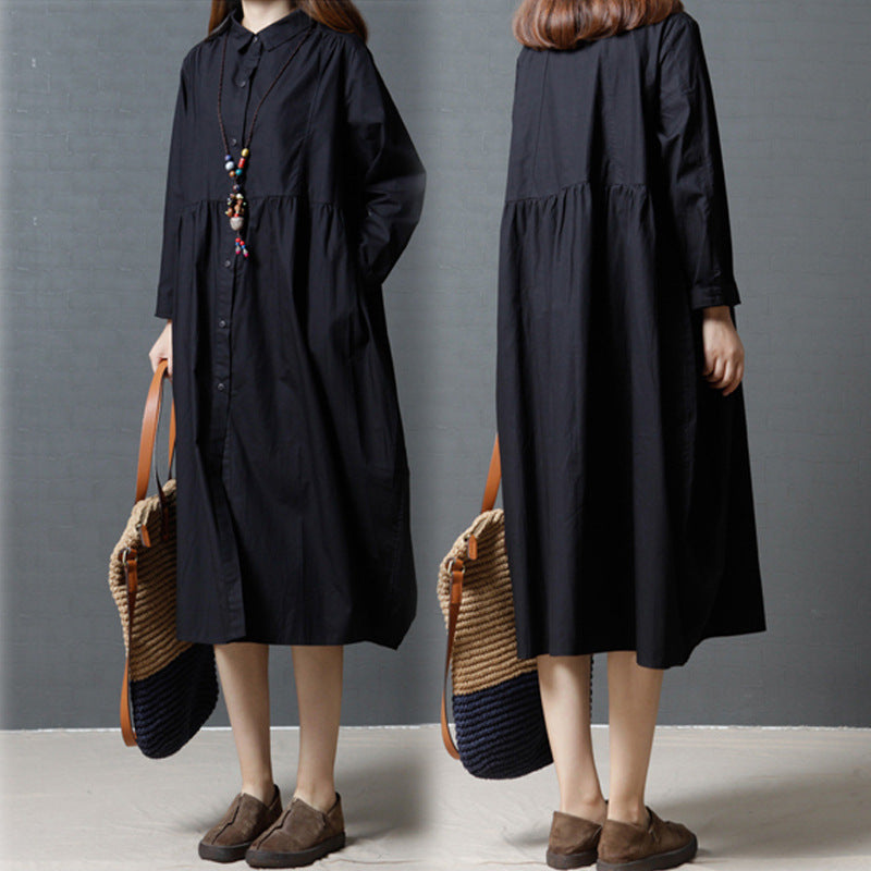 Fashion Solid Color Long-sleeved Dress Mid-length Lapel