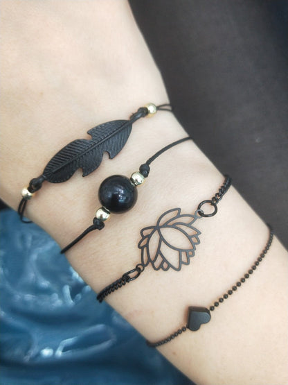 Four-Piece Black Pearl Love Leaf Lotus Bracelet Set