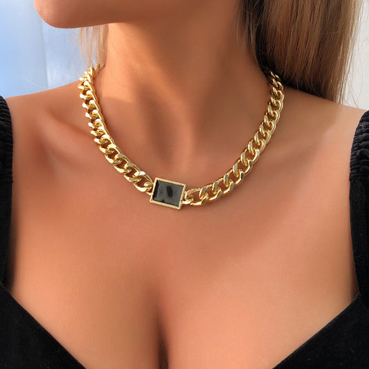 Square Black Pendant Gold Necklace