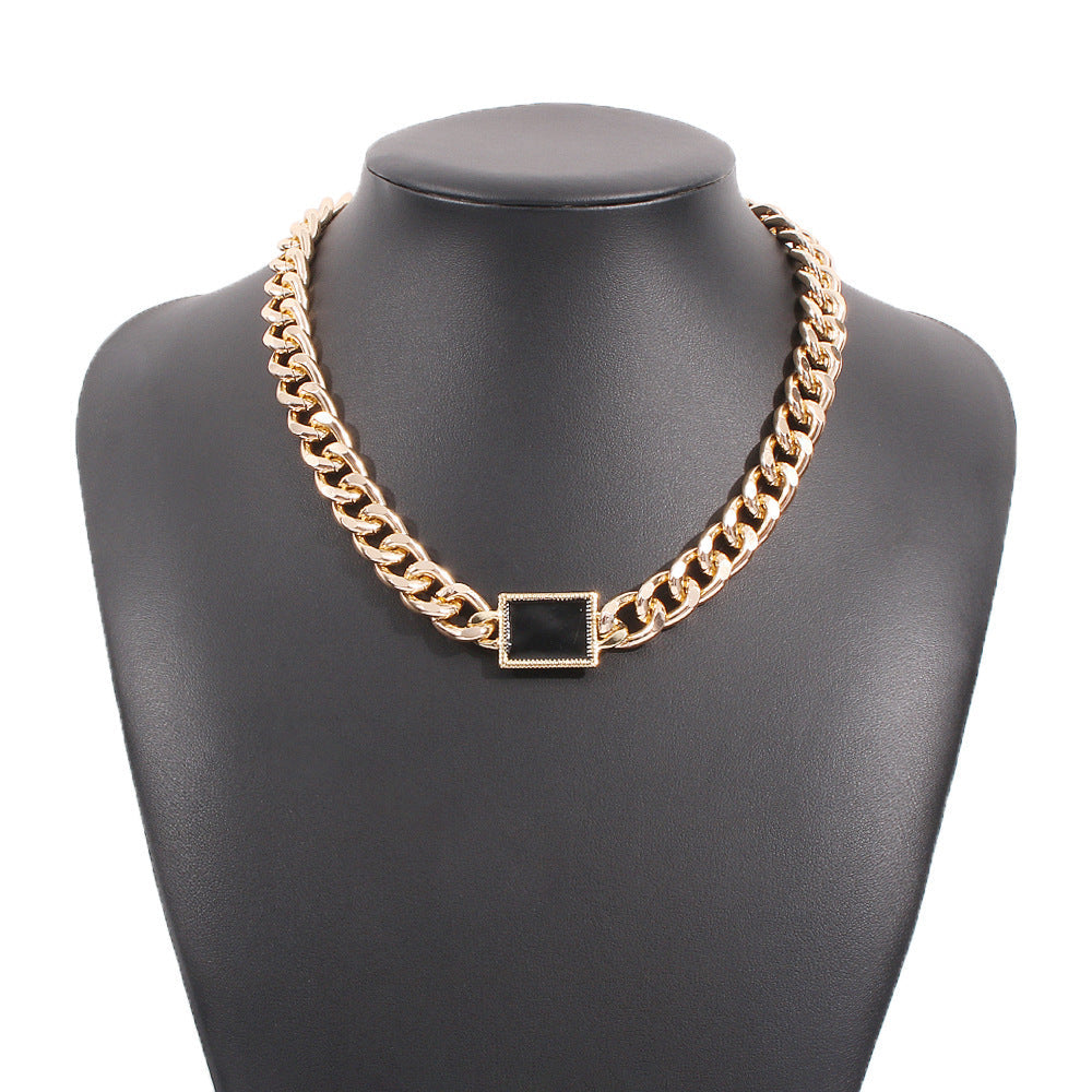 Square Black Pendant Gold Necklace