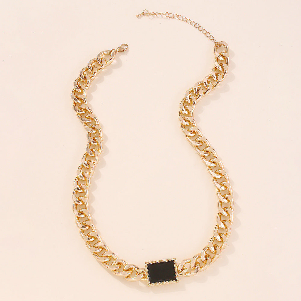 Square Black Pendant Gold Necklace