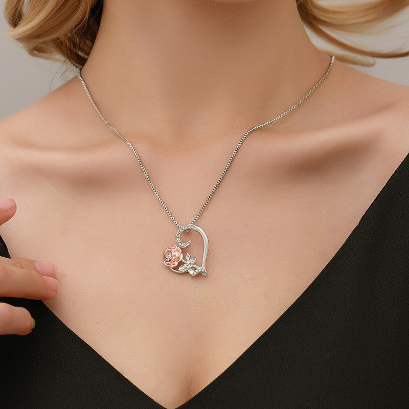 Love Rose Zircon Heart Shaped Necklace