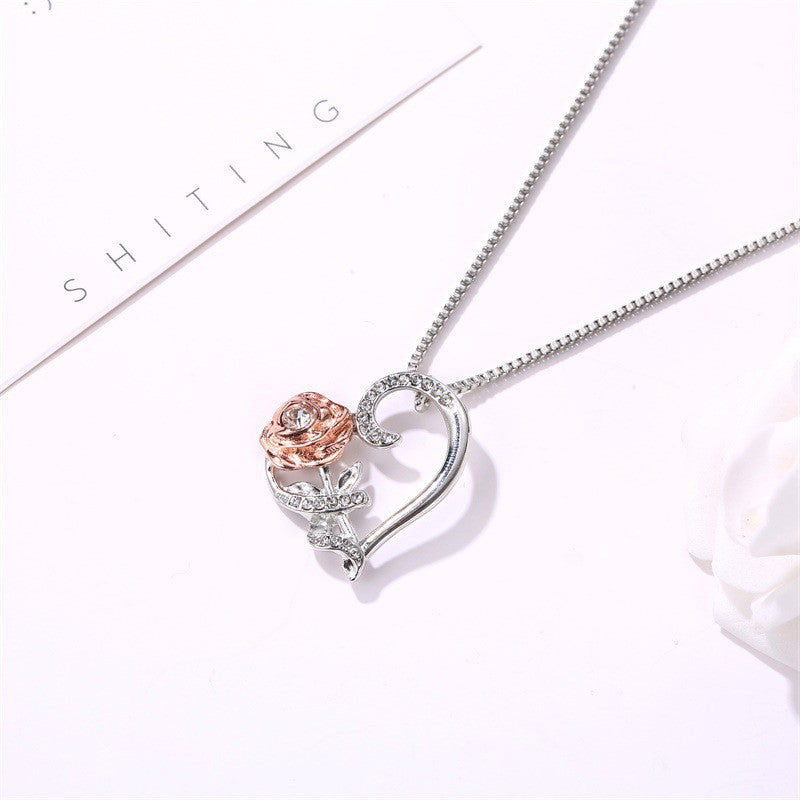Love Rose Zircon Heart Shaped Necklace
