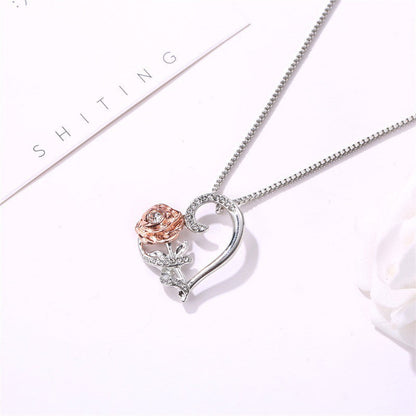 Love Rose Zircon Heart Shaped Necklace