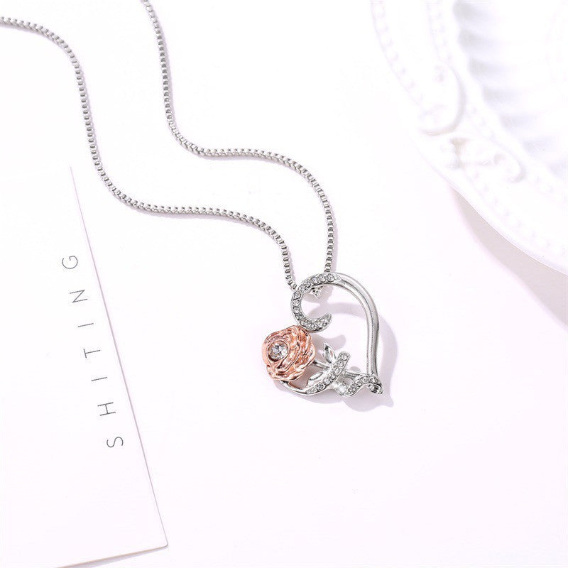 Love Rose Zircon Heart Shaped Necklace