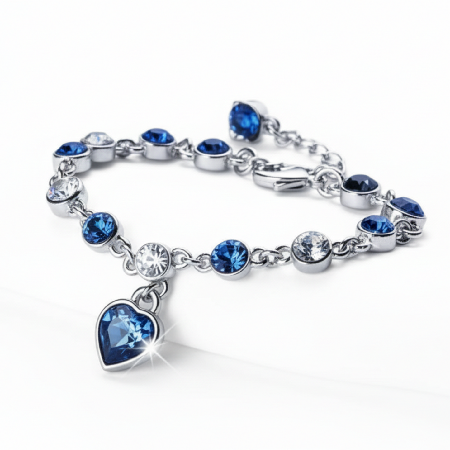 Women’s Silver Bracelet with Blue Heart Crystal Charm – Elegant Jewelry Gift for Her