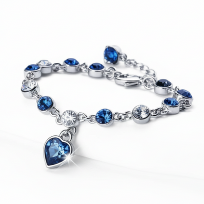 Women’s Silver Bracelet with Blue Heart Crystal Charm – Elegant Jewelry Gift for Her