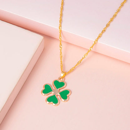 Green Enamel Four-Leaf Clover Necklace