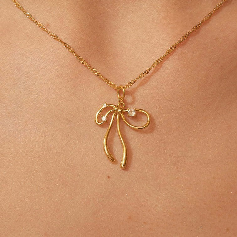Bone Chain Bow Zircon Necklace & Earrings Set