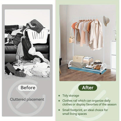 Heavy Duty Clothes Rail with Wheels & 2-Tier Storage Shelf - Mobile Garment Rack for Bedroom