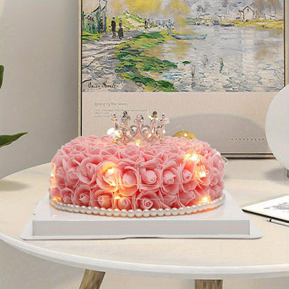 Pink Foam Rose Artificial Flowers Cake Wedding Bouquet Home Party Decor with Gift Box And Lights, Valentine's Day Birthday Gift For Girls