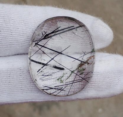 48ct Black Tourmalated Quartz -Cabochon Black Rutile Quartz - Rutilated Quartz
