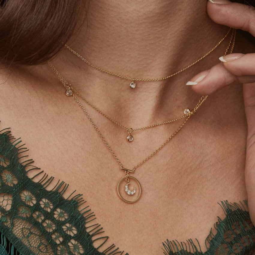 Multi-Layer Gold Moon Rhinestone Pendant Choker Necklace