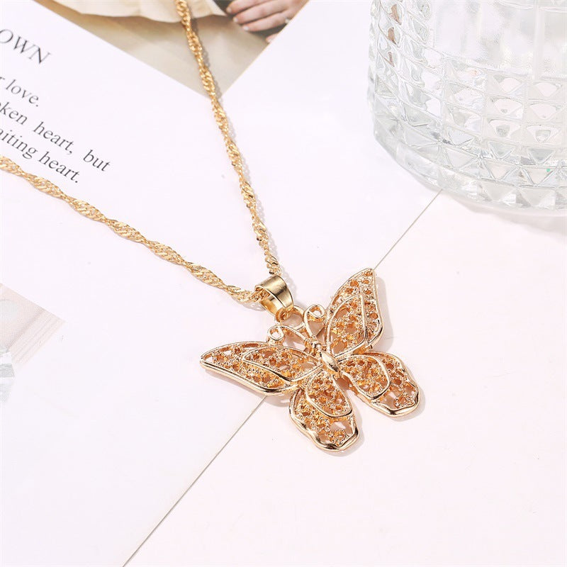 Butterfly Pendant Necklace with Water Wave Chain