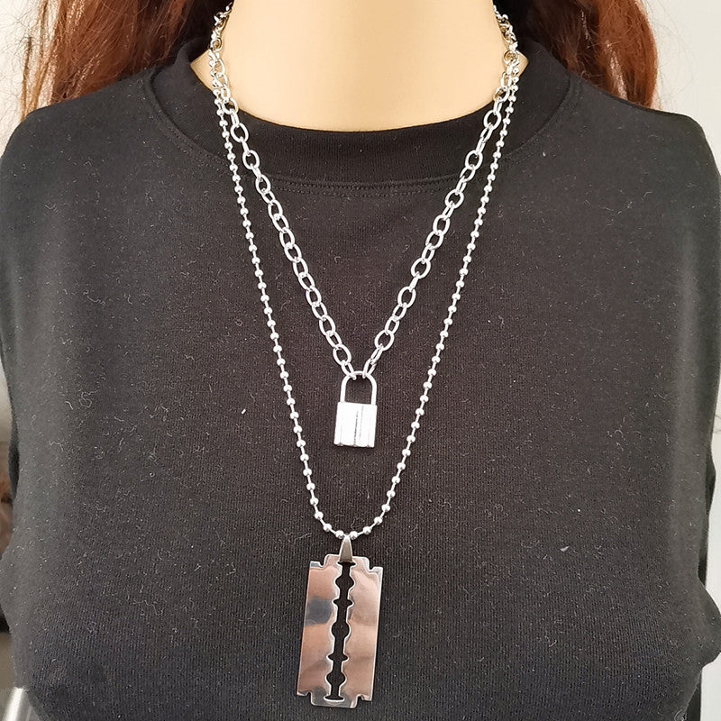Lock Layered Chains Punk Necklace
