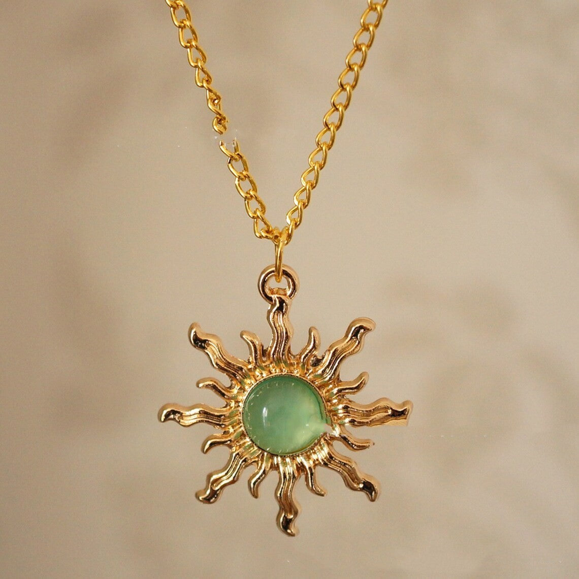 Gold and Light Green Sun Necklace