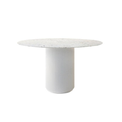 Cracky White Round Dining Table, Premium Terrazzo And Wood Base