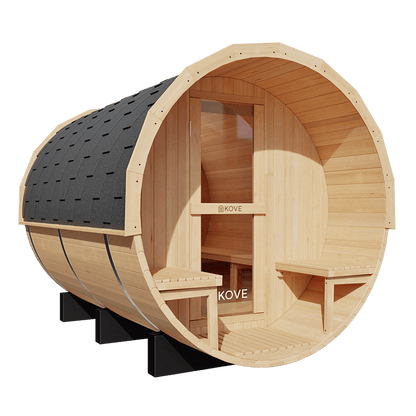 KOVE Outdoor Barrel Sauna – 5–6 Person Garden Sauna with 6kW Electric Heater