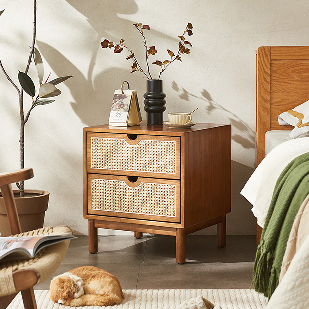 Kogi Bedside Table Solid Wood, Rattan