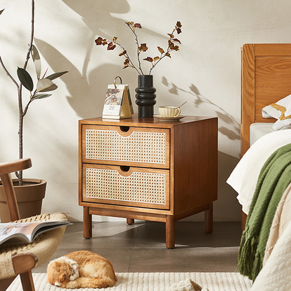Kogi Bedside Table Solid Wood, Rattan