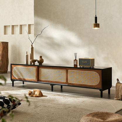 Dogon Rattan TV Stand, Black, Solid Wood