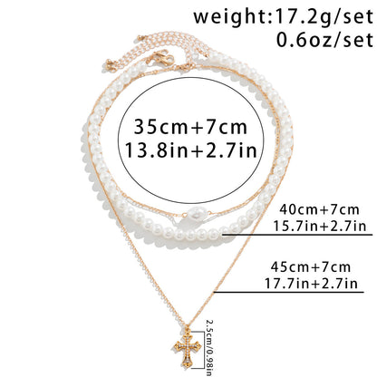 Multi-Layer Starfish Shell Pearl, Cross, Palm Tree Necklaces, 3Pc Set