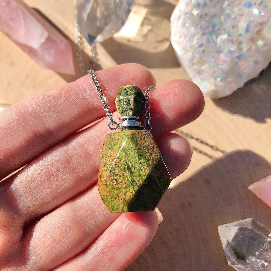 Perfume Bottle Crystal Pendant Necklace, Silver Chain