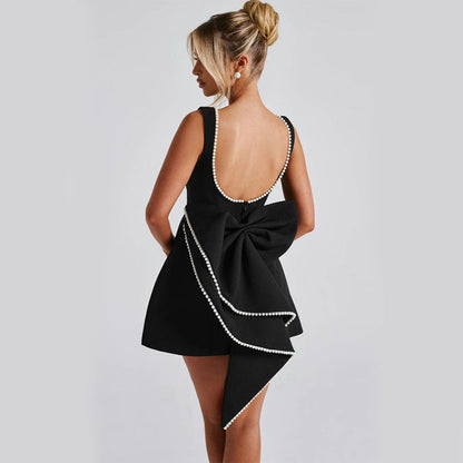 Fashion Big-Bowed Pearls Backless Dress Summer Slim Sleeveless A-line Dresses For Party Evening Women's Clothing