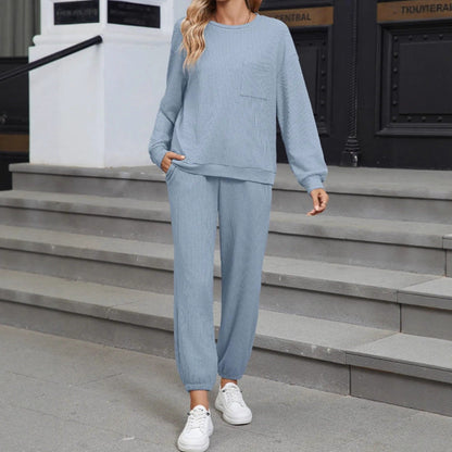 New Solid Color Knitting Belt Pocket Long Sleeve Top And Trousers Two Pieces