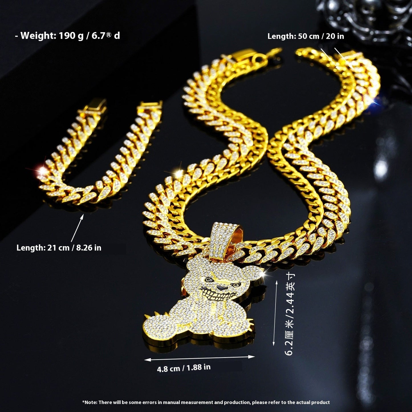 Fully jewelled Bear Pendant Necklace & Bracelet Set, 3Pcs