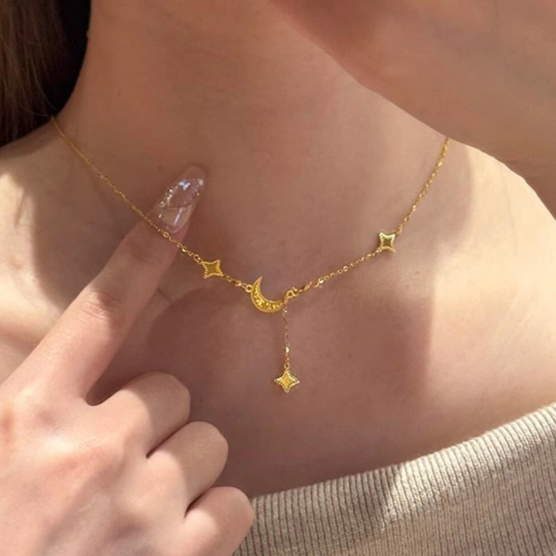 Gold Ice Crushing Star & Moon Necklace