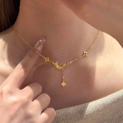 Gold Ice Crushing Star & Moon Necklace
